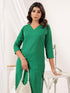 Janasya Women's Green Linen Cotton Solid Straight Kurta Pant Set